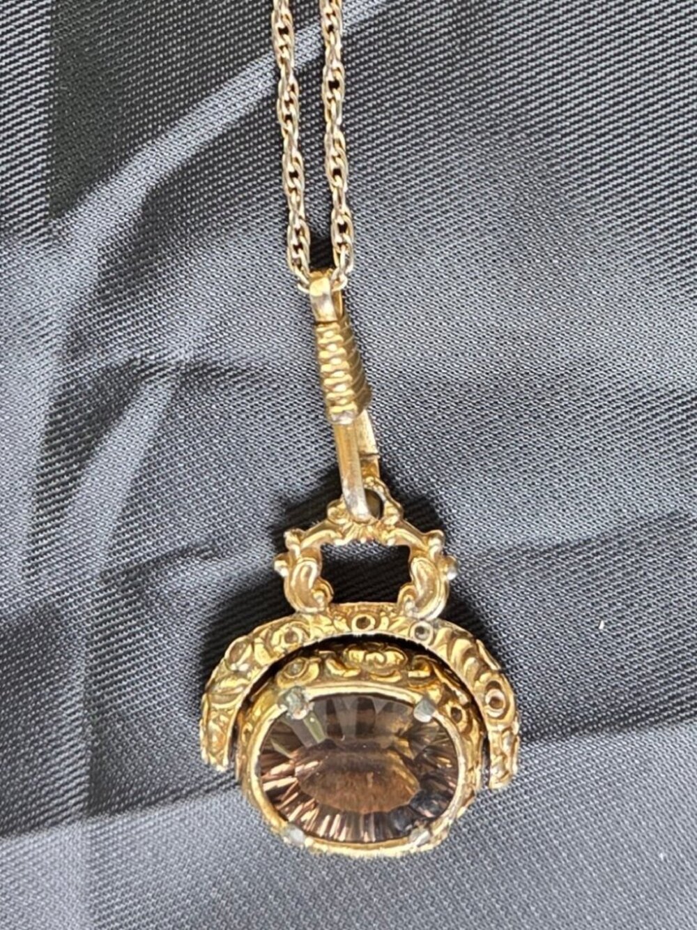 Goldette Necklace Lariat Slide Flip Fob Smoky Quartz Stone 18" L Vintage-1960's - Picture 12 of 16